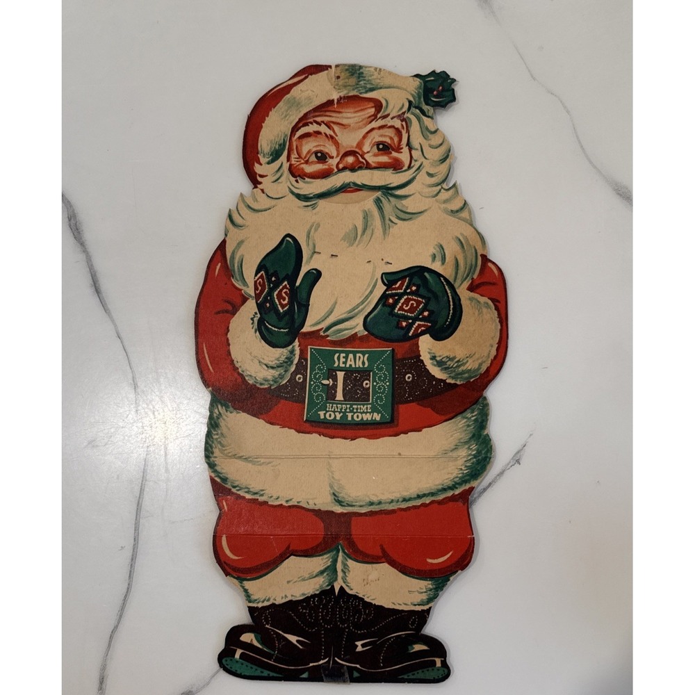 Sears 1948‎ Christmas Mechanical Winking Santa Claus Happi-Time Toy Town Die Cut
